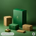 Assorted green and gold boxes with minimalist design, on a green backdrop.