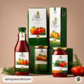 Assorted tomato sauce packaging with green and red labels in an elegant display.