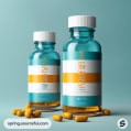 Two teal glass bottles with orange accents and scattered capsules on a teal background.