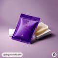 Purple pouch with gold logo and white box on pink background.