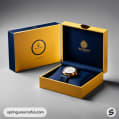 Open luxury watch box in blue and yellow, showcasing a wristwatch.