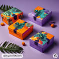 Colorful square boxes with tropical leaf designs on a purple background.