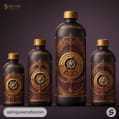 Set of four ornate bottles with intricate steampunk designs and gold accents on a dark background.