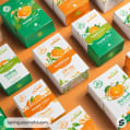 Various product boxes in orange and green with citrus accents and fruit illustrations.