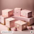 Five pink cake boxes with decorative designs