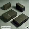 Four green boxes with clean gold text on a green surface.