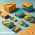 Variety of orange and teal boxes with leaf patterns.