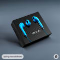 Black box with blue earphones design on a gray background.