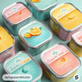 Square tins with fruit designs in pastel colors on teal background.