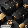 Black gift boxes with gold ribbon and embossed patterns on a dark surface.