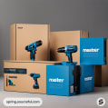 Blue tool packaging boxes with images of drills on grey background.