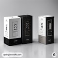 Tall boxed products in black and white, featuring elegant and modern design elements.