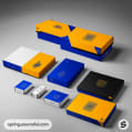 Collection of varied size boxes with orange, blue, and black color schemes and QR code designs.