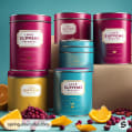 Stacked maroon and teal tea tins with fruit decorations on a teal background.