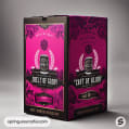 A tall pink and black beer packaging box with ornate design and detailed graphics.