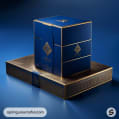 Blue and gold luxury gift box with intricate patterns on a blue background.