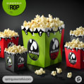 Colorful popcorn boxes in green and red with playful designs, filled with popcorn, on a dark background.