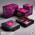 Stacked pink and black geometric pattern boxes with open box showing contents, against a gray background.