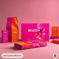 Leaf-patterned packaging in pink and orange hues.