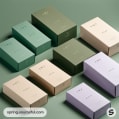 Assorted pastel-colored boxes on a green surface, featuring minimalist design with simple text.