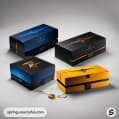 Assorted blue, black, and orange boxes with ribbon, high-end design.