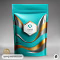 Teal resealable pouch with wavy gold and silver design, featuring a hexagonal white label.