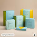 Assortment of pastel packaging, yellow and blue.