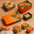 Colorful floral-patterned cardboard boxes in various sizes with orange and green design on a beige background.