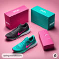 Black and teal sneakers with pink and green shoeboxes.