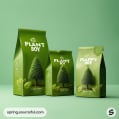 Green packaging with tree images on resealable pouches and boxes.