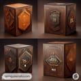 Set of luxurious dice boxes in dark wood and gold patterns.