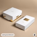 Elegant white and gold boxes with minimalist design on a beige background.