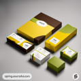 Yellow, brown, and green packaging set with abstract design.