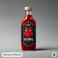 A single bottle of hot sauce with a striking red owl design, set on a dark gray background.