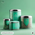 Teal tins with geometric patterns and silver lids.