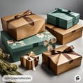 Gift boxes in green and gold with ribbon ornaments.