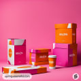 Colorful packaging boxes with 'BRAZEN' text and a coffee cup on a pink background.