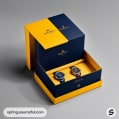 Navy and yellow dual-watch presentation box with watches.