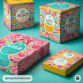 Colorful boxes with floral patterns and bold white text.