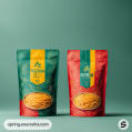 Two colorful resealable pasta pouches with geometric designs on a green background.