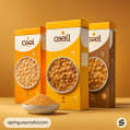 Three cereal boxes with circular cereal pieces, in shades of orange, yellow, and brown on a warm-colored background.