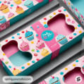 Packaging with cupcake illustrations and window cutouts on a pastel background.
