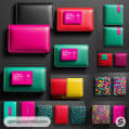 Various colorful wallets arranged on dark background, including red, pink, and multicolored patterns.