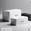 White and black rectangular boxes with branding on a gray background.