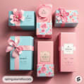 Gift boxes with floral designs and ribbons in pink and blue.