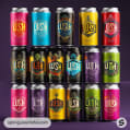 Assorted colorful cans with unique artistic labels on a purple background.