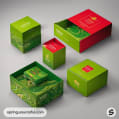 Assorted vibrant green and red open boxes with landscape graphics.