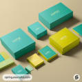 Teal and lime green rectangular boxes with sleek typography on a beige surface.