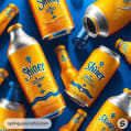 Assorted orange beer bottles and cans on blue surface