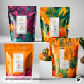 Colorful resealable pouches with tropical and pumpkin patterns for coffee packaging.